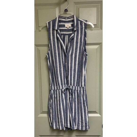 LOFT Linen Blend Romper Size 0 Blue Striped Sleeveless Drawstring Button Beach - Picture 2 of 11
